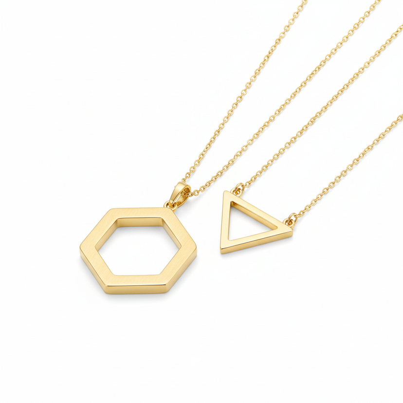 Modern minimal gold plated geometric pendant necklace on white background