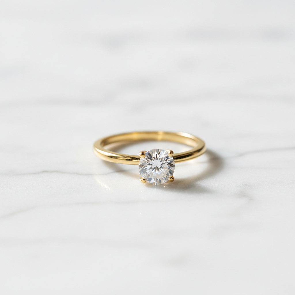 Gold plated solitaire ring with a single round diamond on a white marble surface — luxury jewellery