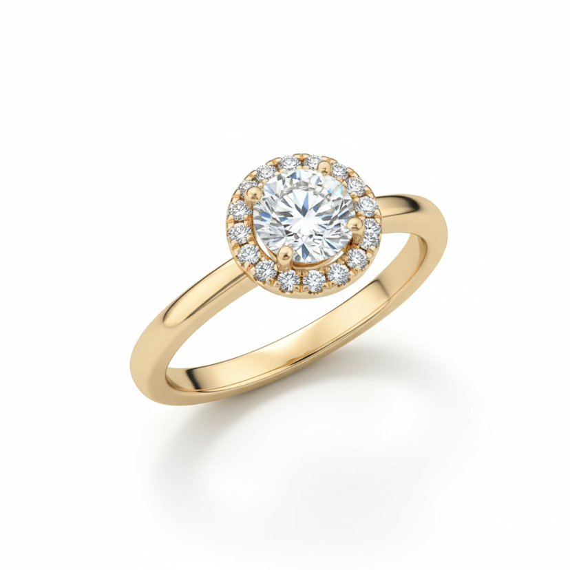 Modern minimal gold plated solitaire halo ring on clean white background