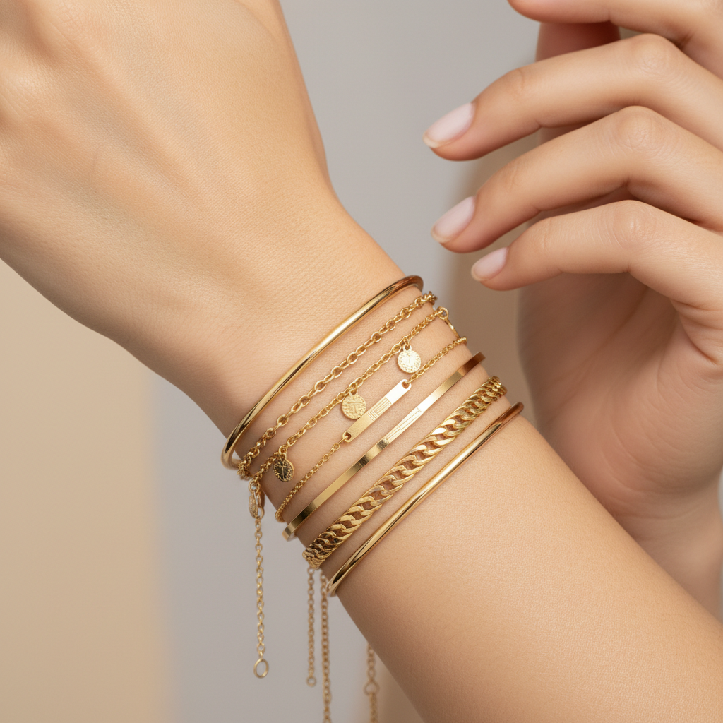 Gold plated stacked bracelets layered on a wrist — minimalist luxury jewellery style