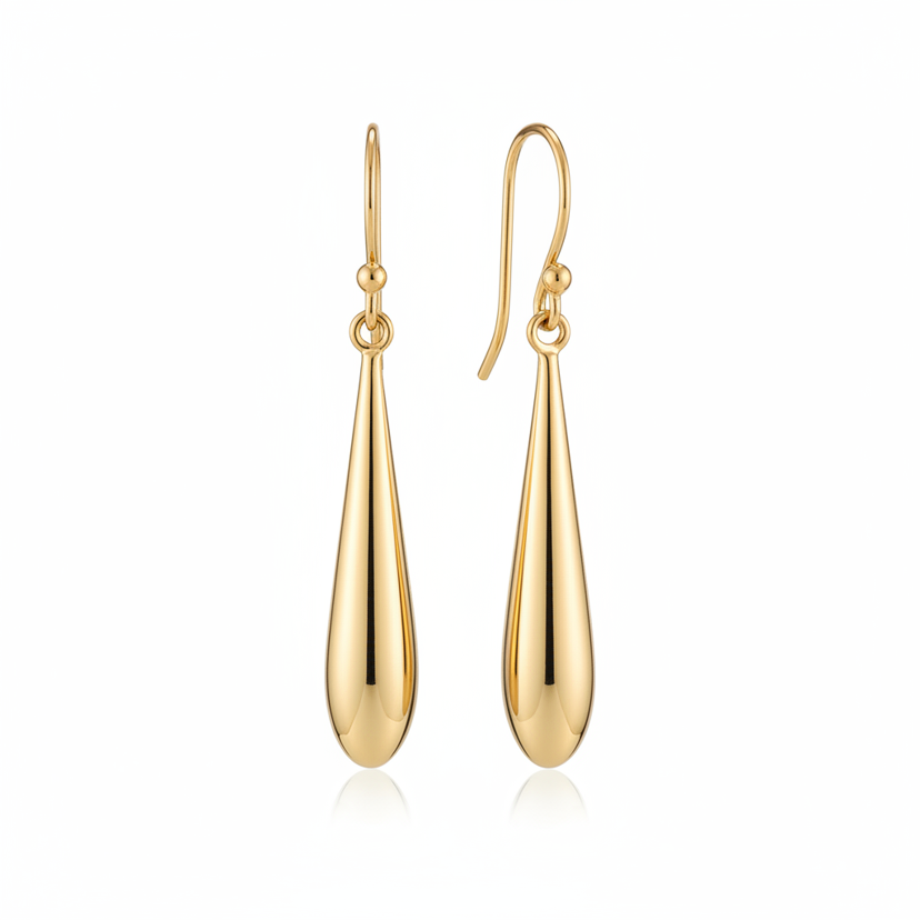 Gold plated teardrop dangle earrings with polished finish on white background